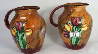 Pair H & K Pottery Jugs decorated with Tulips,  height 21cm  (2)
