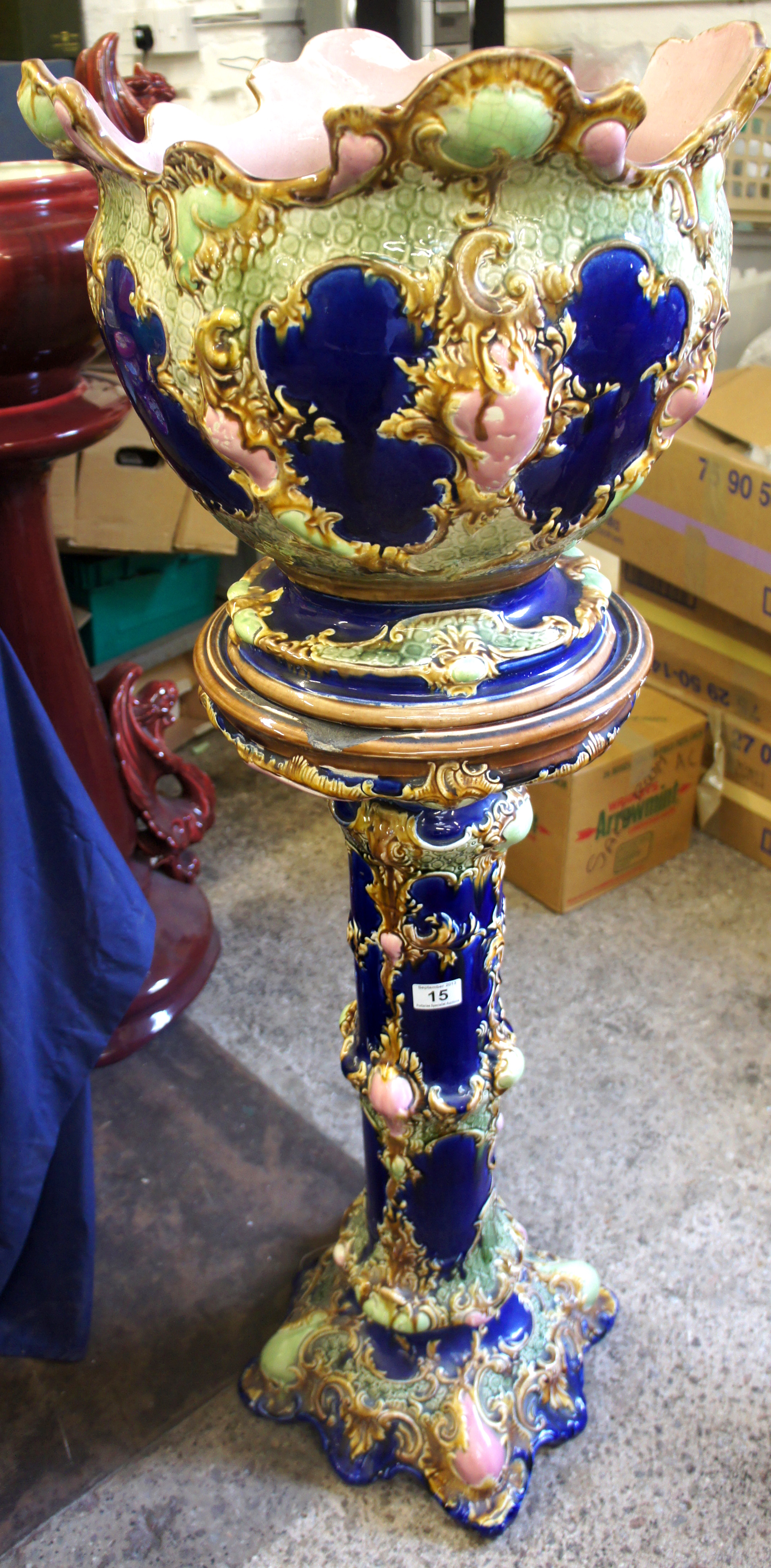 Early 20th century Majolica Pottery Jardinare and stand, impressed England mark, height 124cm  (