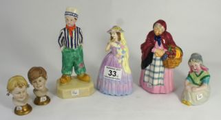 Coalport Figure Annette, Savoy China Figures of a Boy and Seated Girl, Arcadia figure Market Woman