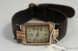 Rectangular Mechanical Wind Up 9ct Gold Wrist Watch stamped BWC London, 15 Jewels