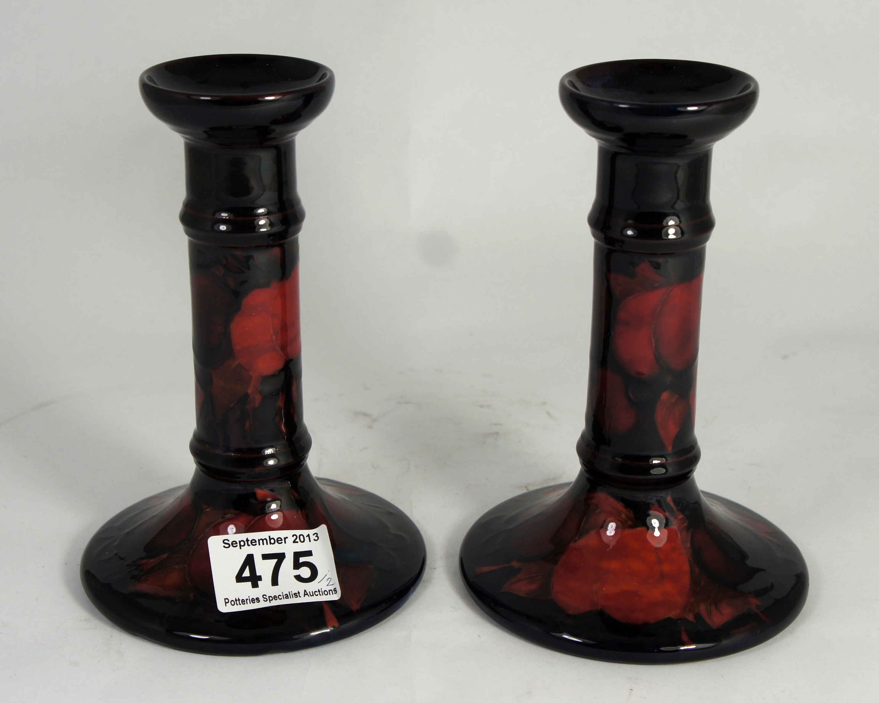 Moorcroft pair Flambe Candlesticks in the Wisteria design, height 16cm  (2)