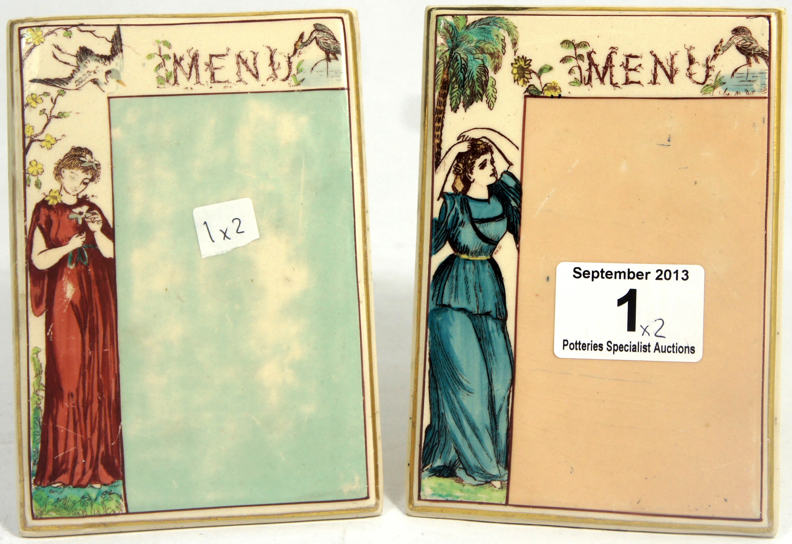 Pair of James Macintyre & Co Menu Holders c.1980, decorated with Art Nouveau Style Ladies with