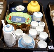 A collection of various pottery to include; Aynsley dawn rose coffee set, Wedgwood jasper ware etc