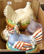 A collection of pottery and glass Nestling Chicken Egg dishes including Kirkham pottery, (some