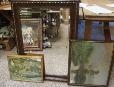 Lot consisting of Modern Bevelled Mirror, Two Framed Pictures (3)
