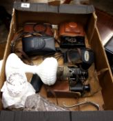 A collection of various cameras, binoculars, cut glass decanter and pair of milk glass lamps
