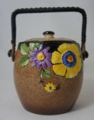 Thomas Forester and Sons Art Deco Biscuit Barrel and Cover with Floral Decoration and Wicker Handle