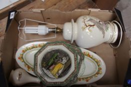 Tray comprising Large China Lamp and Shade, Adams Seriesware Plates, Royal Worcester Vase, Myott