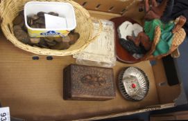 A collection of old half penny coins, carved wooden box, silver compact and Ressin figure group of