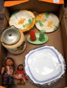 Tray comprising Carltonware Cruet, Steiff Dolls, Covered Jar, Plates etc