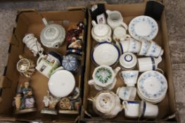 Two Trays to include Colclough Blue and White Cups and Saucers, various Royal Doulton and Wedgwood