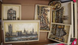 Tray of Ivorex Plaques depicting King Charles Tower, Ann Hathaways Cottage, Houses of Parliament etc