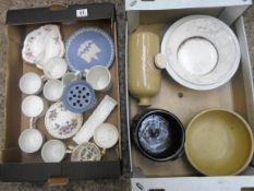 Two Trays lot to include Wedgwood Jasperware Vase, Russell Collins Stoneware Vases, Cups and Saucers