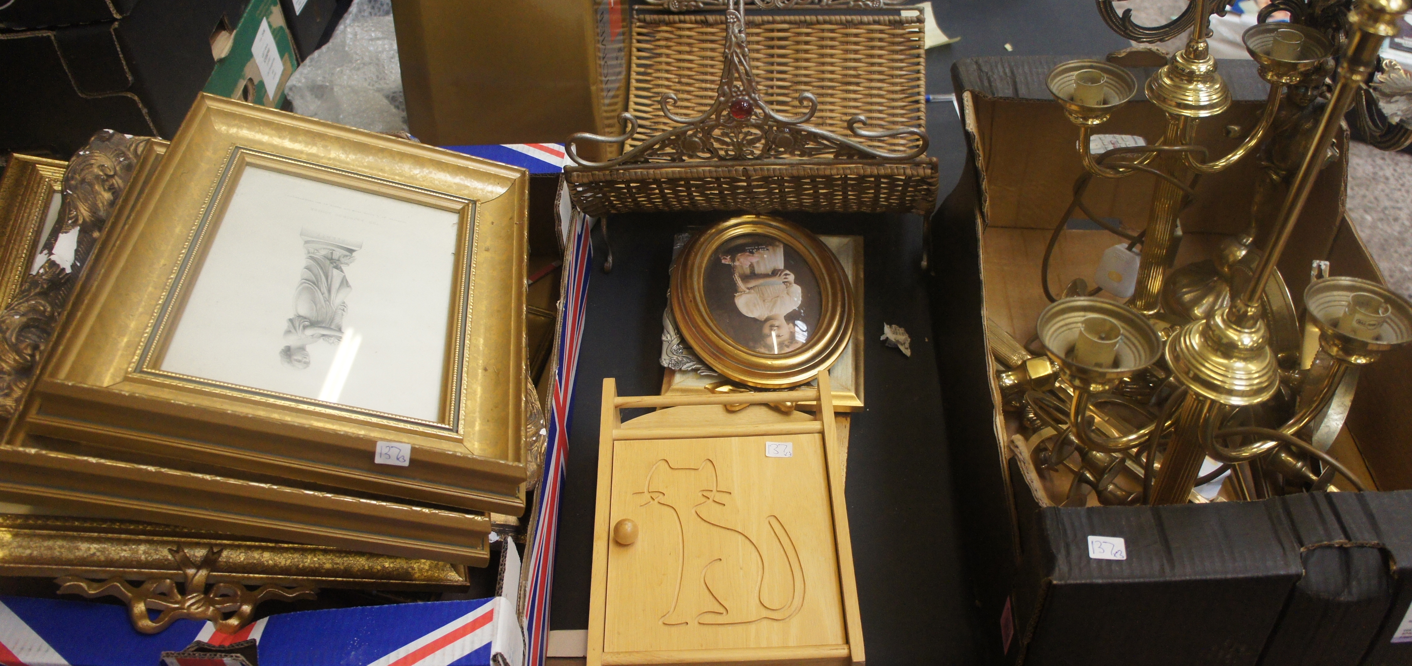 Tray of Brassware Light Fittings and Candleabra's, Ornate Pictures, Wooden Boxes, Next Candle Wall