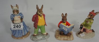 Royal Doulton Bunnykins Figures Romeo DB284, Father DB404, Mother DB403 and William Reading