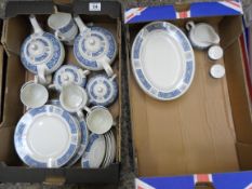 Two Trays comprising Wood and Sons Blue and Platinum Gilt Tableware to include Dinner Plates, Side