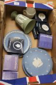 A collection of Wedgwood Jasperware to include Green Vase, Blue Plates, Trinket Boxes etc