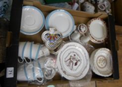 Tray to include Christmas Plates, Spode Buttercup Bowls, Blue and White Part Tea Set, Spode Napkin