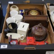 A collection of various Items to include Commemorative Mugs, Tin Fire Engine, Oak Berometer, Bric