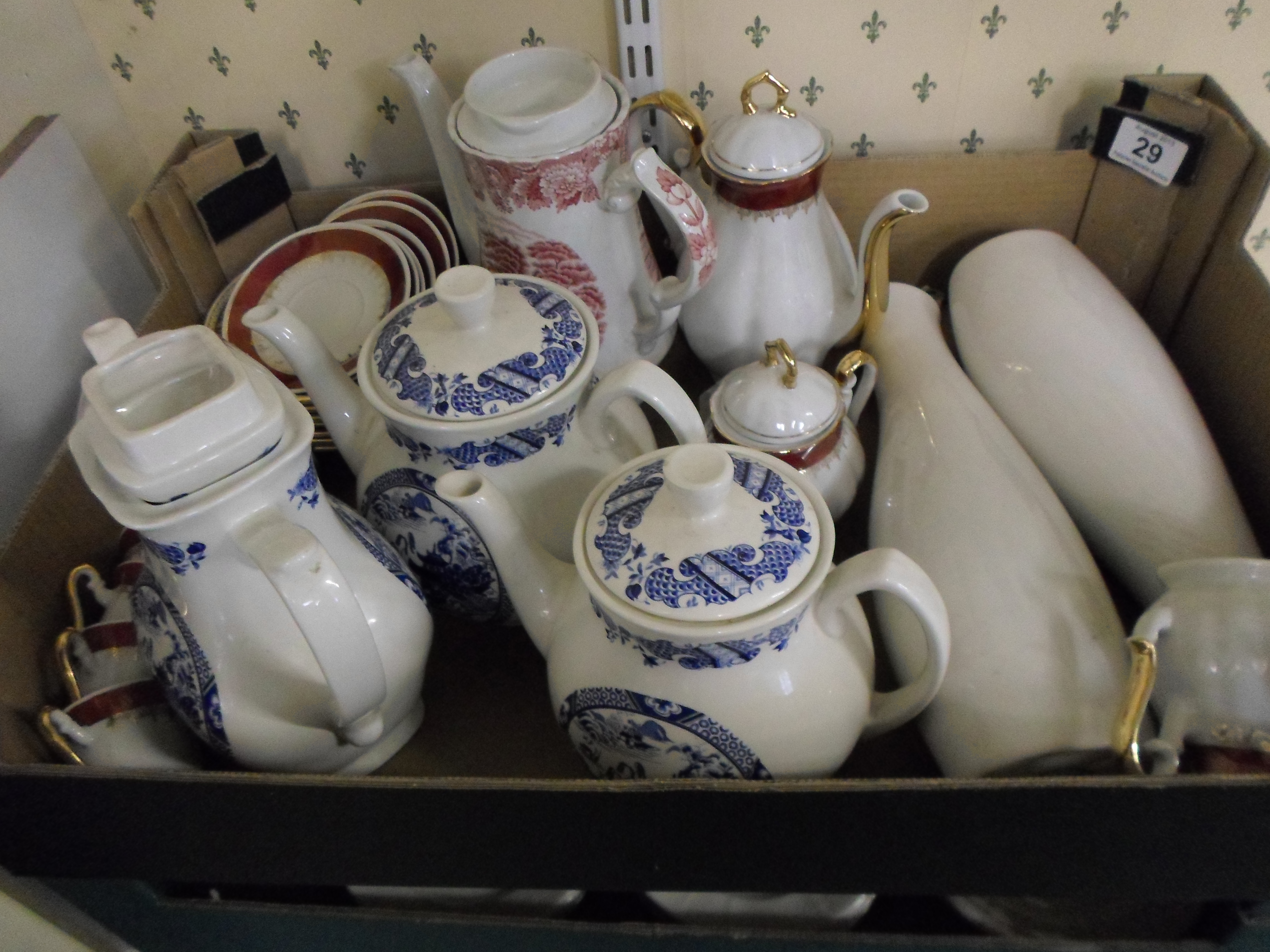 Tray to include Churchill Samsonite Bowls, Royal Doulton Pair of Vases,  Blue and White Tea Pots etc