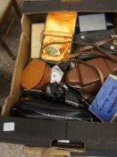 Tray lot to include Vintage Kodac Cameras, Binoculars, Pens, Coins and Compacts