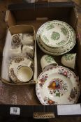 Tray lot to include Masons Fruit Basket, Part Dinner Set, Bowls, Cups, Saucers etc