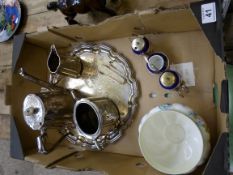 Tray comprising Silver Plate Tray, Tea Pot, Milk Jug, Sugar, Sugar Pinchers, Royal Doulton Planter