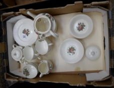 Tray comprising Wedgwood Moss Rose Part Dinner Set comprising Tea Cups, Saucers, Plates, Fruit
