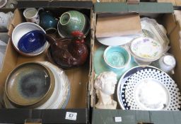 Two Trays to include Denby Mugs, Chicken Shaped Egg Dish, Plates, Bowls, Marble Based Bust etc (