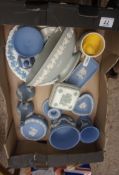Tray lot of Wedgwood Blue Jasperware to include Trinkets, Candlesticks, Vases etc (14)