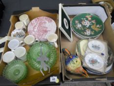 Two Trays comprising Commemorative Mugs, Green Pressed Glassware, Woods Plates, Myott Seriesware