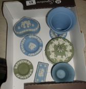 Tray comprising Wedgwood Jasperware in Light Blue, Dark Blue and Olive Green to include Vases,