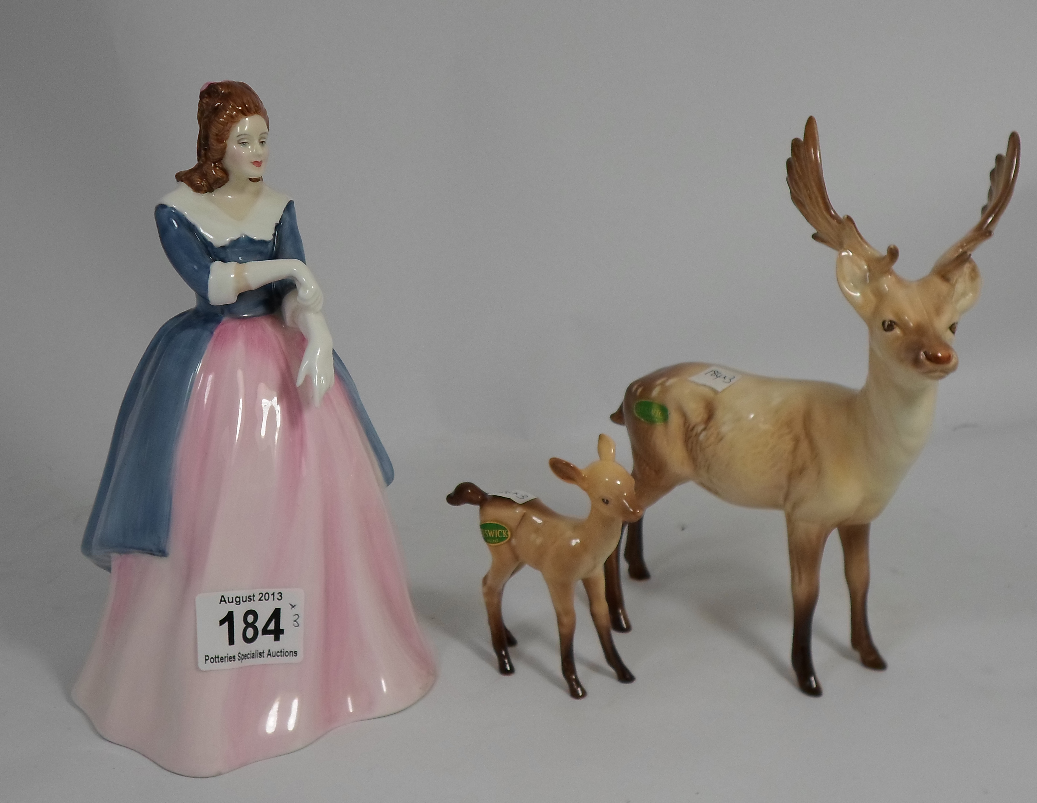 Royal Doulton Figure Maxine HN3199 (seconds) together with a Beswick Stag 981 and Fawn 1000b (3)