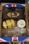 A collection of items to include a Wood Painted Wine Box, Old Tin Toy Car, Wade Barrel and Cut Glass