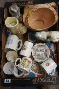 A collection of Pottery to include Plates, Commemorative Mugs, Floral Pottery Baskets, Old English