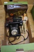 Black Bakerlite Telephone with Drawer, Ammunition Tin and Vintage Star Wars Figure