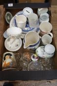 A collection of various Pottery and Glass Dressing Table Set, Plates, Commemorative Mugs etc