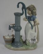 Lladro Figure Girl by a Water Pump with Geese, model 3285 (water pump handle broken, restuck)
