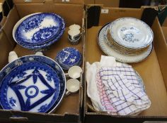 A collection of various early Blue and White Pottery comprising Rorftrand Ostinda Plates, Flo Blue