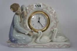 Lladro Large Mantle Clock with a Lady and Swans , model 5777