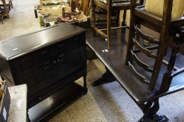 Dark Oak Priory Table and 4 Ladderback Chairs and Two Door Dresser Base  (6)
