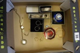 Tray comprising Silver Bracelet, 14ct Gold Earrings, Make Up Compacts, Gold Plated Bracelet, Two