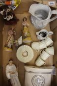 A collection of Pottery to include Two Staffordshire Figures, Two Arthur Bowker Figures, Embossed