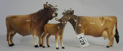 Beswick Model of a Jersey Bull 1422, Jersey Cow 1345 (leg restuck) and Calf 1249 (leg and ear