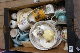 A collection of Pottery to include Various Plates, Commemorative Mugs, Crown Devon Base, Vases etc