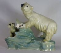 Dilfiord Studio Pottery Underglaze Figure Polar Bear and Cub on Glacier, signed Jessica Van