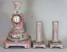 Emile Galle Faience Clock Garniture  c.1900 comprising a Clock and Two Candlesticks marked Galle