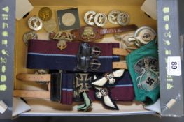 Tray lot consisting of RAF Badges, Belts, Coins, Nazi Flags, German Iron Cross and Military Wrist