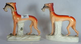 Pair 19th Century Staffordshire Figures of Greyhounds with Hare, height 19cm  (2)