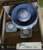 Tray of Wedgwood Jasper Items to include Large Footed Bowl, Two Covered Square Trinkets, Brooch